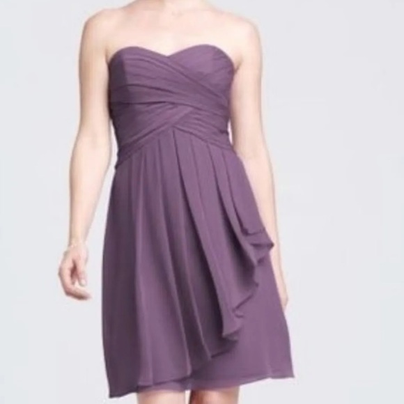 David's Bridal Short Crinkle Chiffon Strapless Dress Front Cascade Purple NWT 18 - Picture 1 of 15